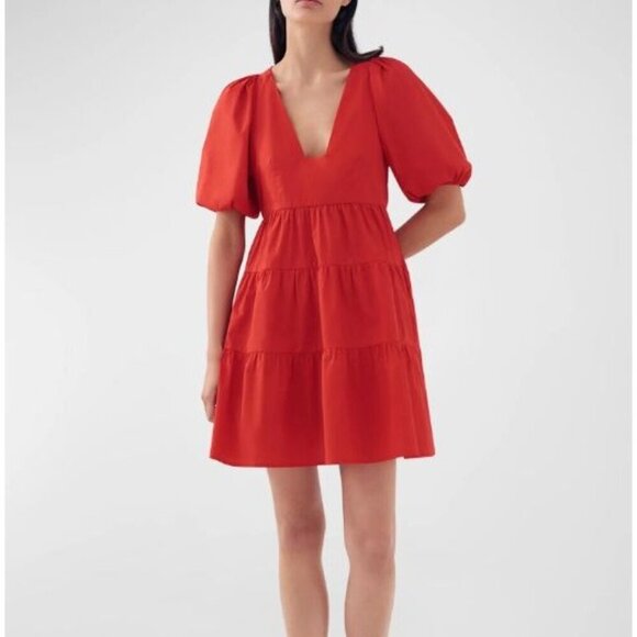 BIRD & KNOLL Gigi Puff-Sleeve Tiered Poplin Mini Dress Red Size S - Picture 1 of 4